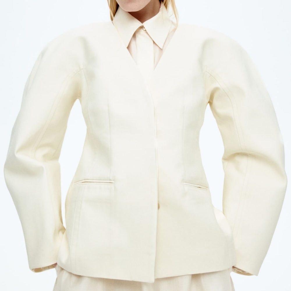 H&M Cream Women's Twill Collarless Blazer Jacket - Picture 4 of 4